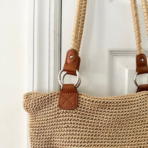 The Sak Solid Beige Crochet Cambria Shoulder Tote Top Zip Rope Straps Tan Trim - Picture 2 of 8